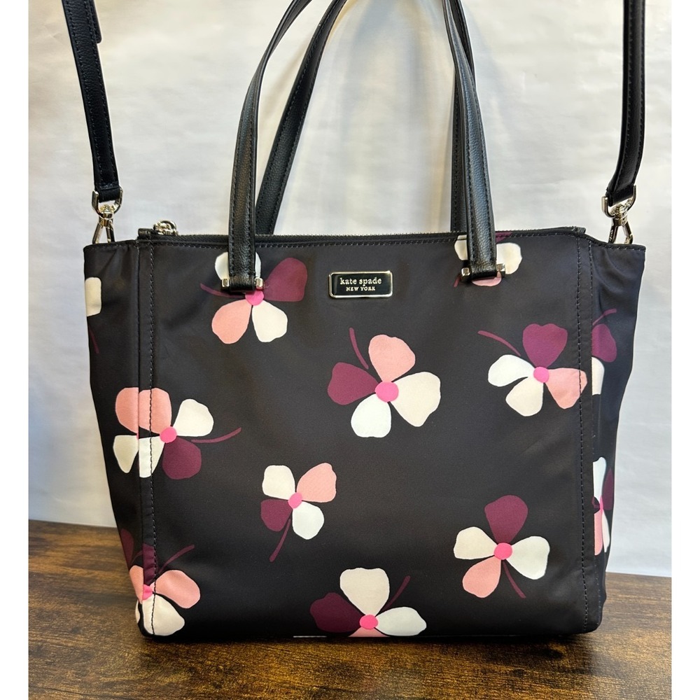 Kate Spade Dawn Dusk Buds Black Floral Nylon Satchel Tote Crossbody Bag Purse - Picture 3 of 16
